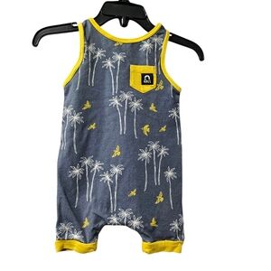 RAGS Birds Palm Trees Infant Romper Grey Yellow 85% Cotton 10% Modal Sz 3-6 Mnth